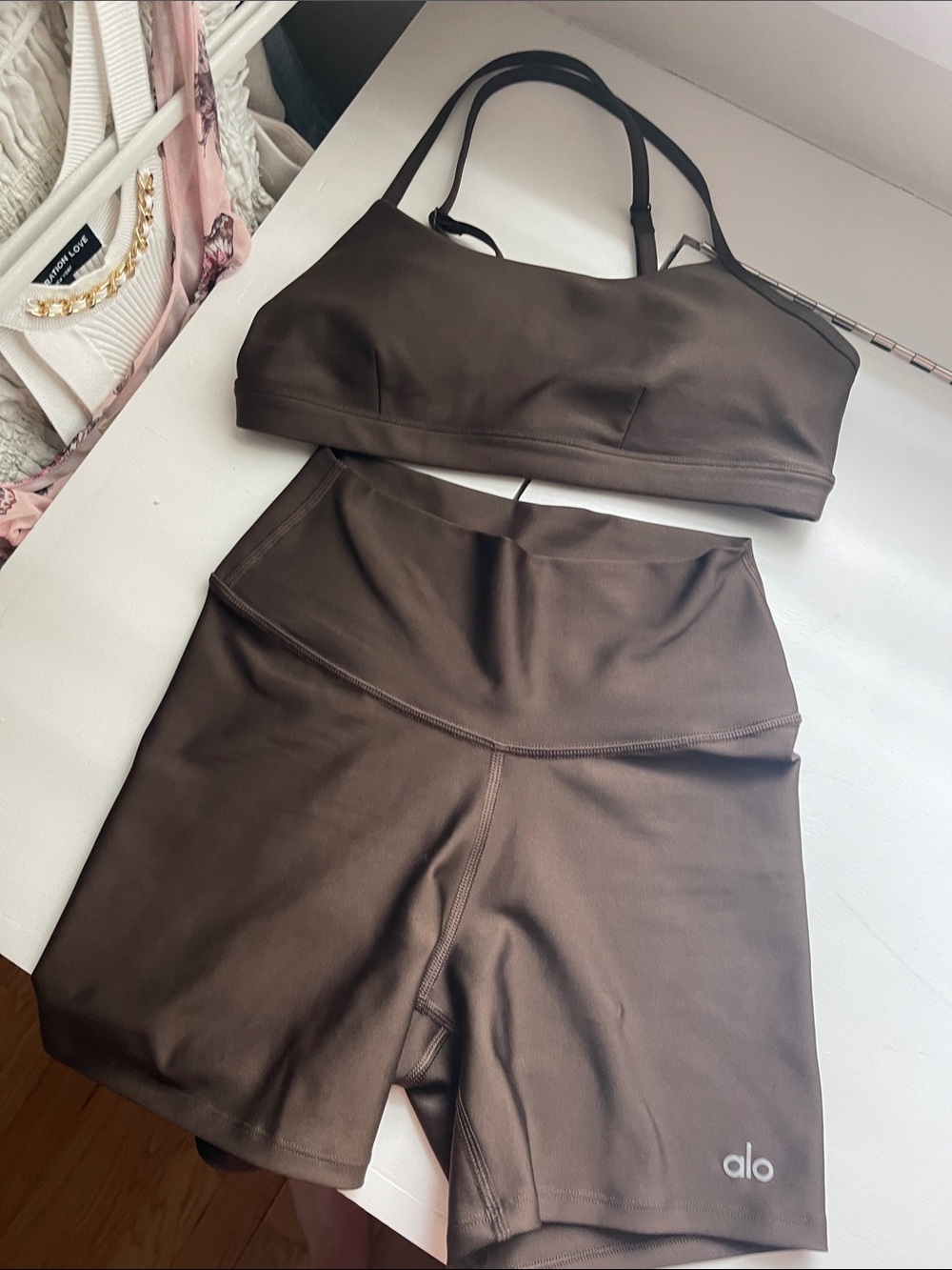 ALO Yoga Brown Sports Bra and High-Waist Bike Shorts Set